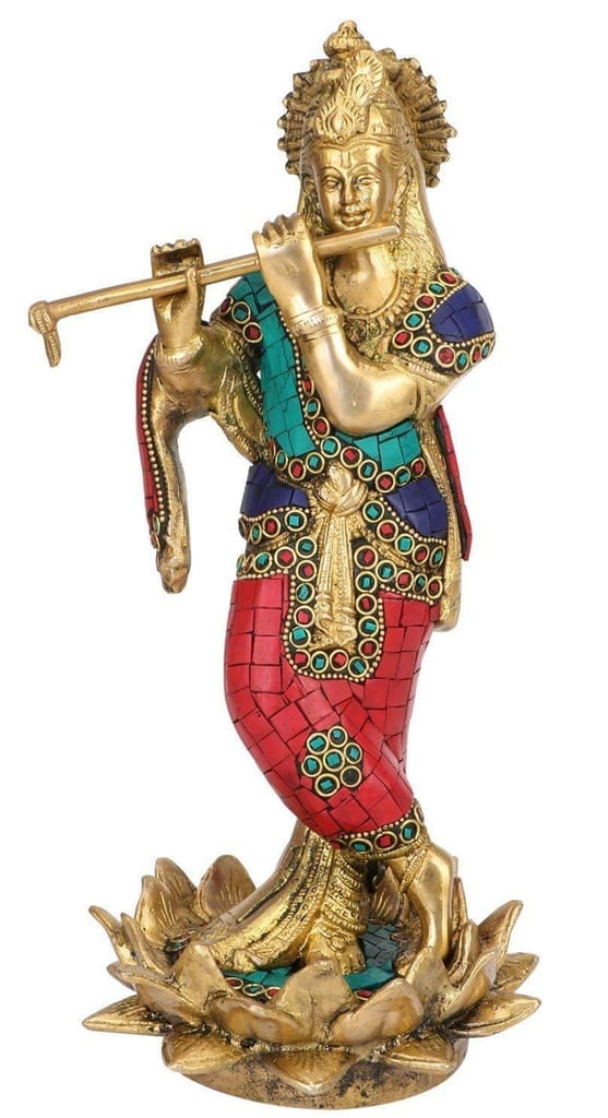ARTVARKO Brass Murti Lord Krishna Bhagwan Statue Playing Flute on Colored Lotus Turquoise Home Decor Living Pooja Room Mandir Temple Hotel Gallary Height 11 Inch view 2