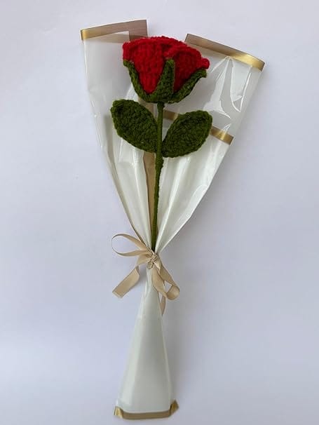 Handcrafted Crochet Red Rose with Green Stem and Leaves