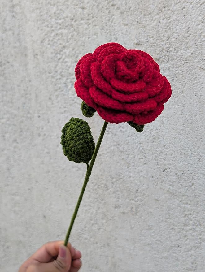 Handcrafted Crochet Red Rose with Green Stem and Leaves view 2