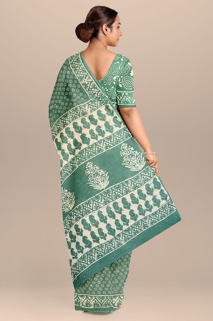 Sage Green Color Daboo Hand Block Print Malmal Cotton Saree SKU-BS10165 view 2