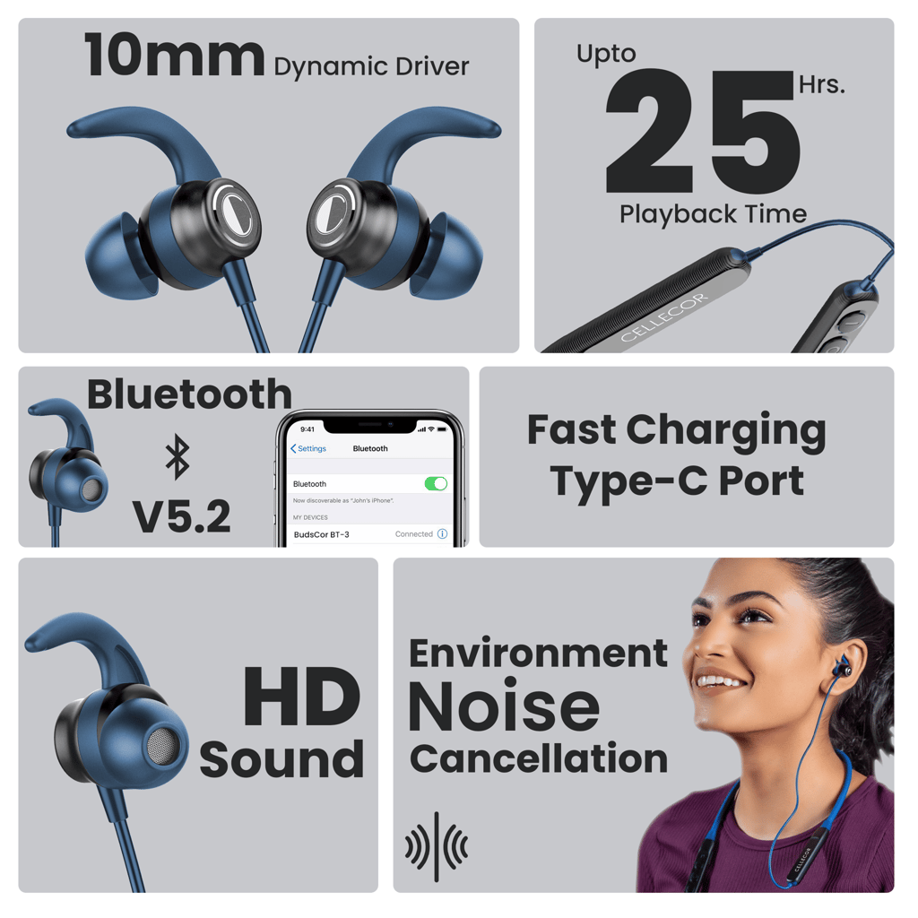 Cellecor Wireless Waterproof Neckband with 25 Hrs playtime Headphone Bluetooth - Blue view 2