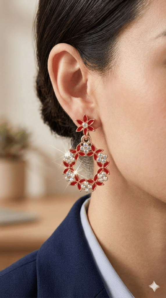 Elegant Rose Gold-Plated Red Enamel Floral Drop Earrings with Rhinestones for Women view 2