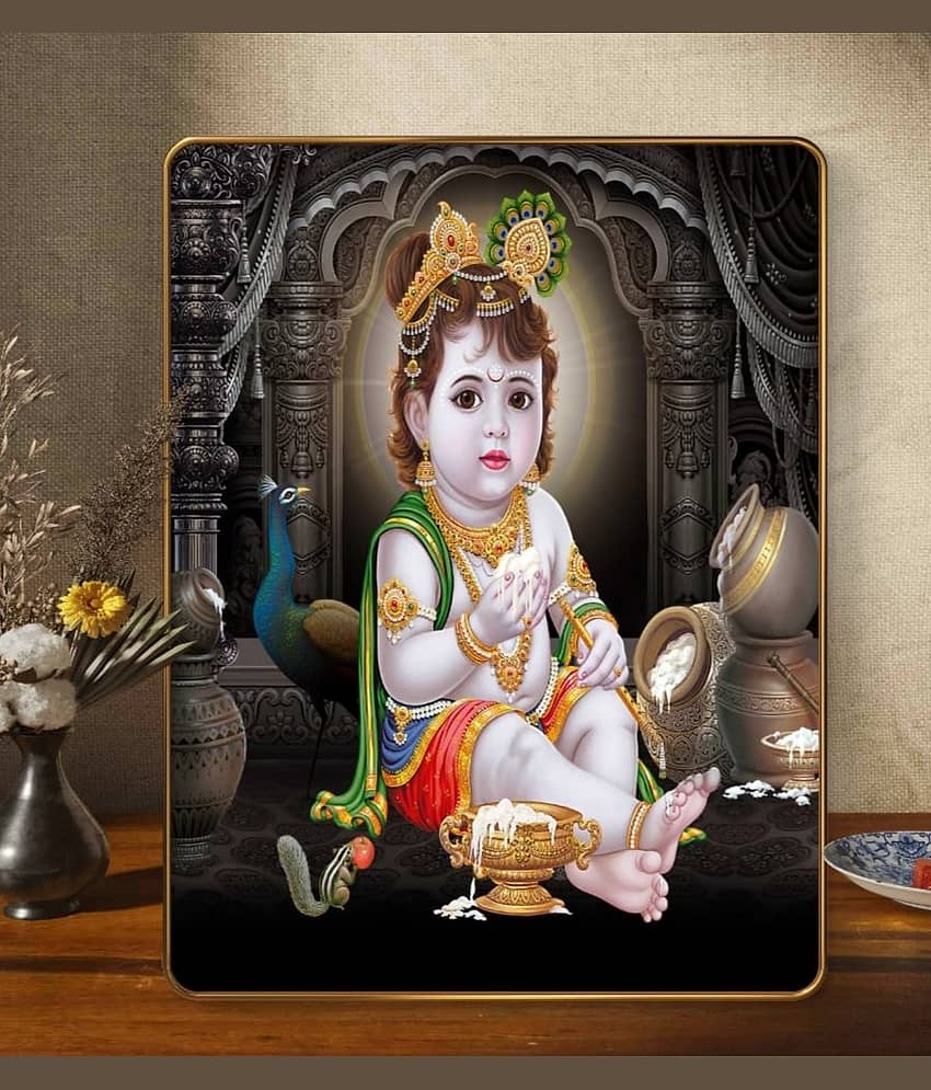 SAF Bal Krishna Makhan Chor Wall Painting | Golden Frame Sparkle Laminated MDF Poster | Baby Krishna Art for Home Temple Pooja Room | Kanha Ji Janmashtami Gift Decorative Wall Frame view 2
