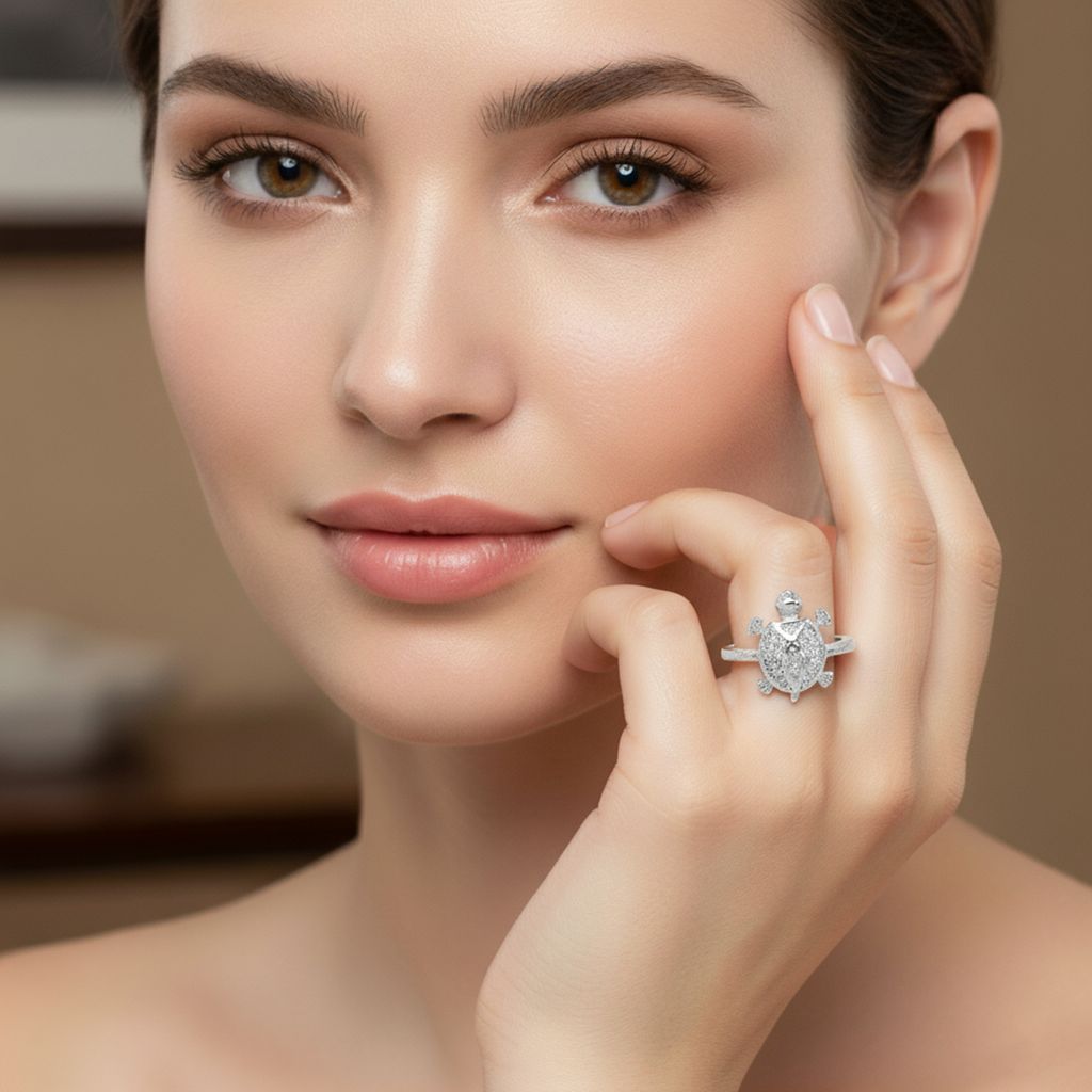925 Sterling Silver Turtle Ring with Full Cubic Zirconia Studded Shell | Minimal Elegant Animal Design Adjustable Ring for Women & Girls I Weight - 4.3 gram view 2