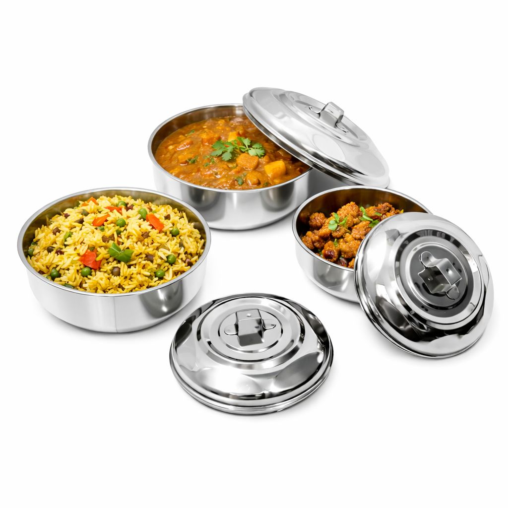 Trishav Stainless Steel Multipurpose Container Set with Lid (Set of 3) Mirror Finish | Freezer Safe | Food Grade view 2