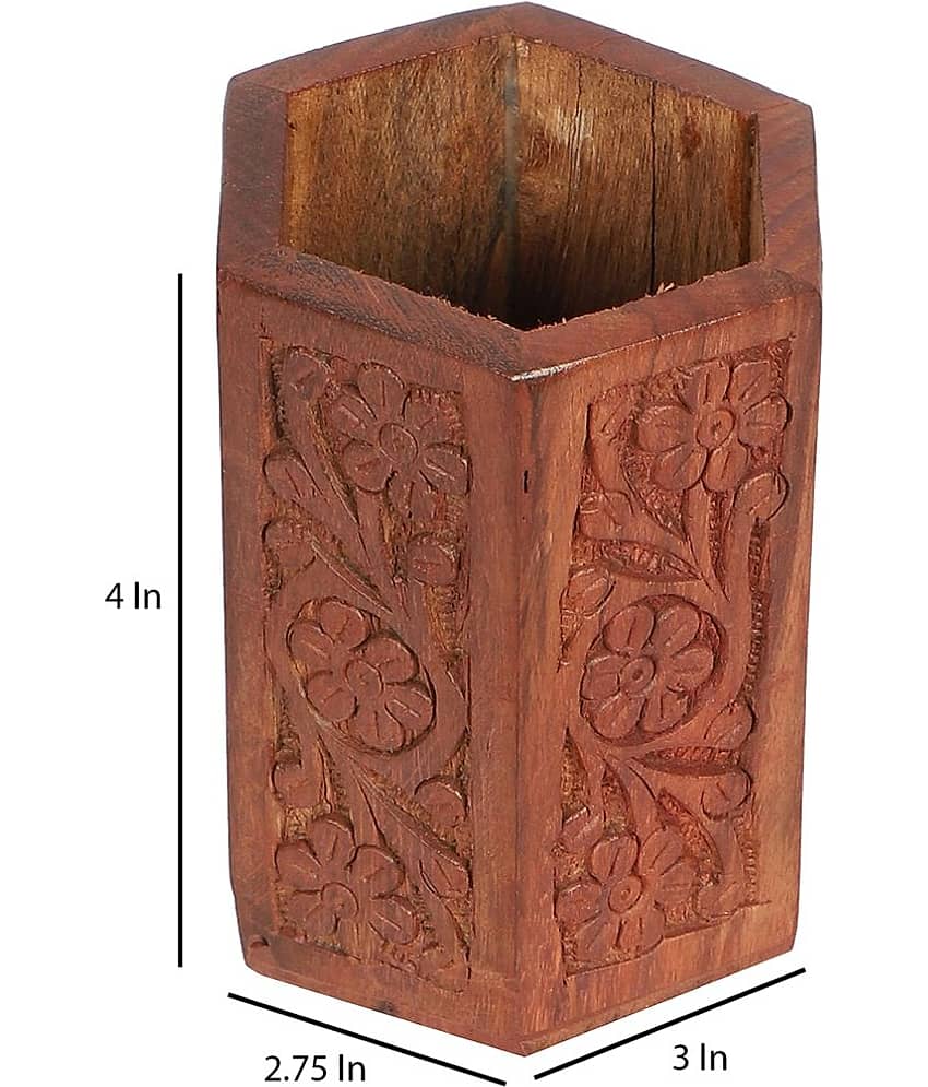 Generic - Sheesham Wood Carving Hexagon Pen Stand Showpiece 10 cm view 2