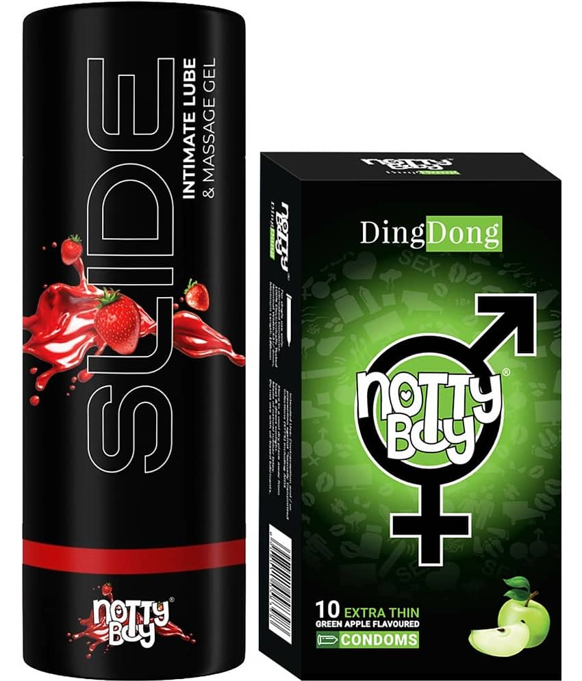 NottyBoy Slide Strawberry Flavoured Lubricant 100ML and Fruit Flavoured Condoms - Pack of 2