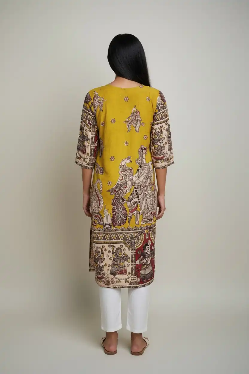 Kalamkari Print Cotton Kurti Mustard Yellow view 2