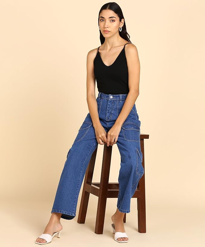 Glossia Fashion Women High Waist Baggy Wide Leg Straight Fit Cargo Jeans - Blue, 32 view 2