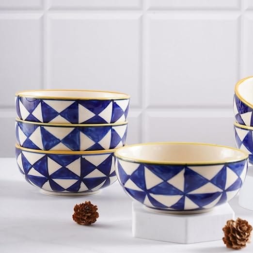 STOREPEDIA Handmade Blue Ceramic Bowls Set of 6, 250 ml Microwave Safe Small Soup Serving Bowl for Kitchen, Dining Table,Restaurant Serving Pasta, Noodle, Maggi, Cereal Blue White view 2