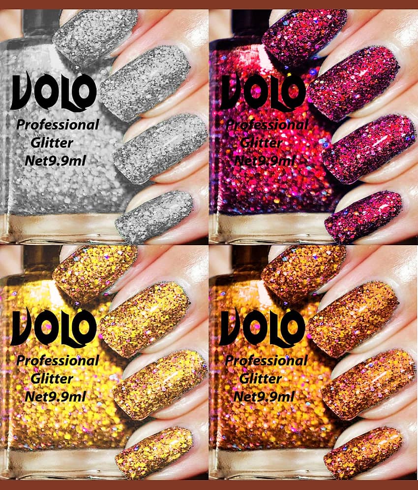 VOLO Professionally Used Glitter Shine Nail Polish Silver,Magenta,Gold Orange Pack of 4 39 mL view 2