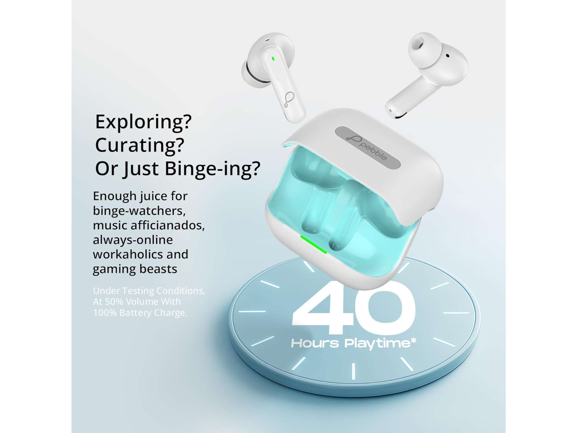 Pebble Luxe Buds Z1 Hybrid ANC + ENC, 6-Mic Setup, 60H Playtime, 13mm Dynamic Drivers, Deep Bass, Low Latency,Gaming Mode, Bluetooth v5.4, Ear buds - White view 2