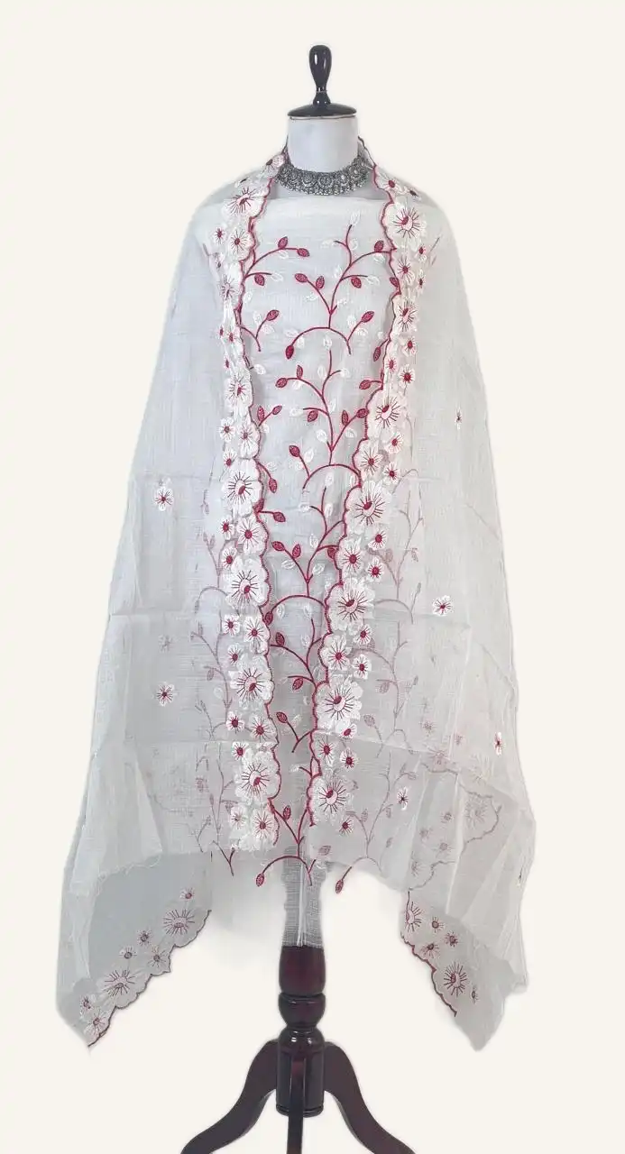 Kota Doria Dress Material Crimson Red Floral Vine view 2