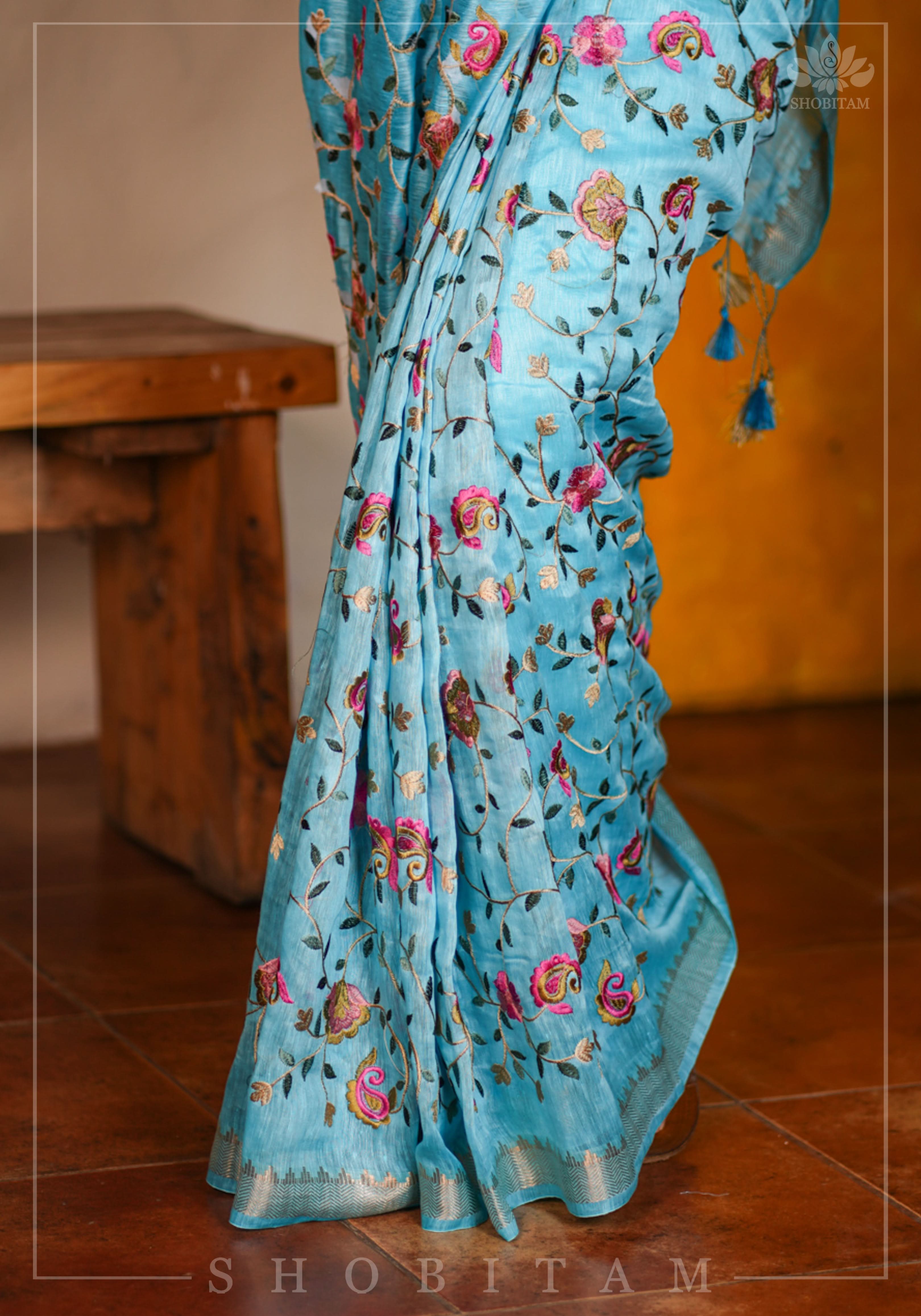 Floral Jaal embroidery on Silk Linen In Blue with woven zari borders view 2