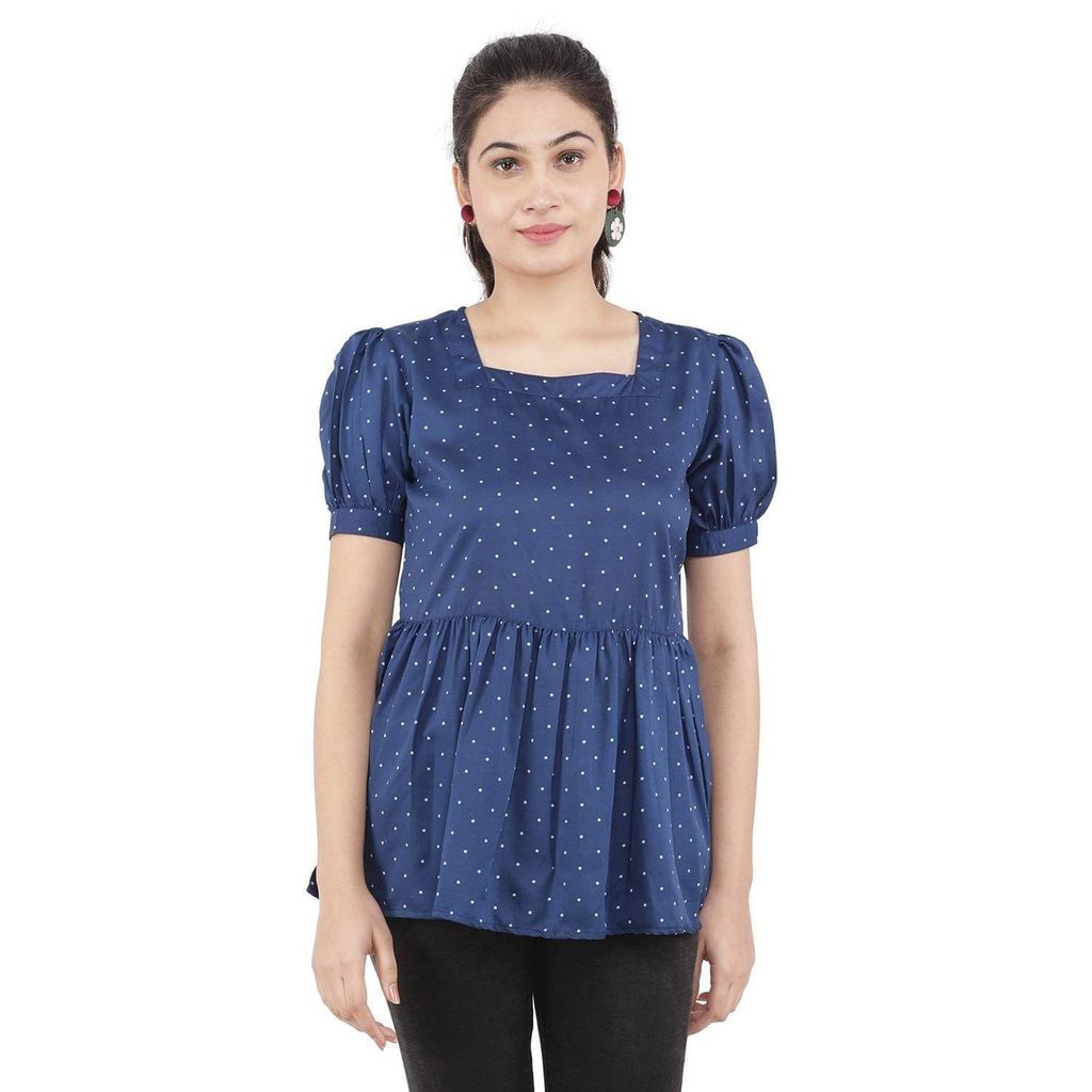 KULFI Women's Navy Blue Polka Dots Print Polyester Top