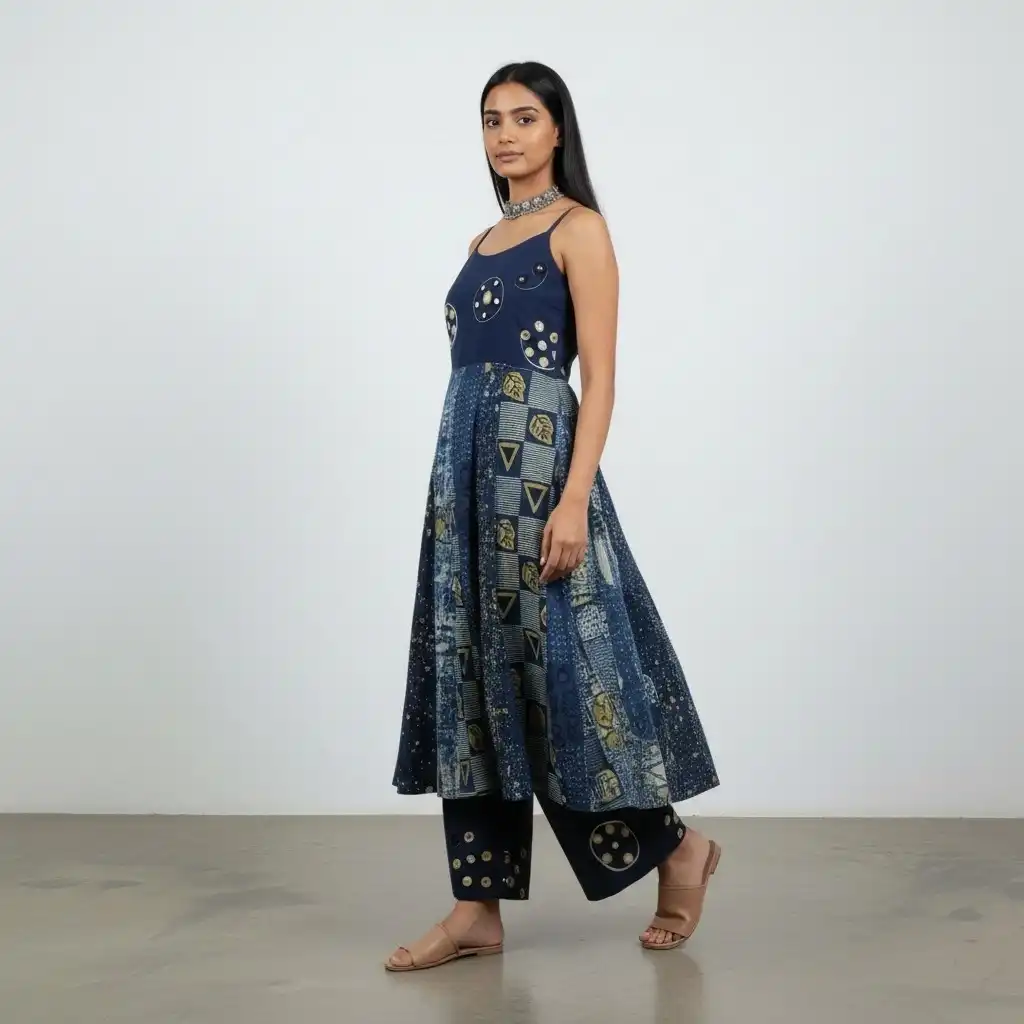 Handloom Indigo Cotton Co-Ord Set with Mirror-Work Circles view 2