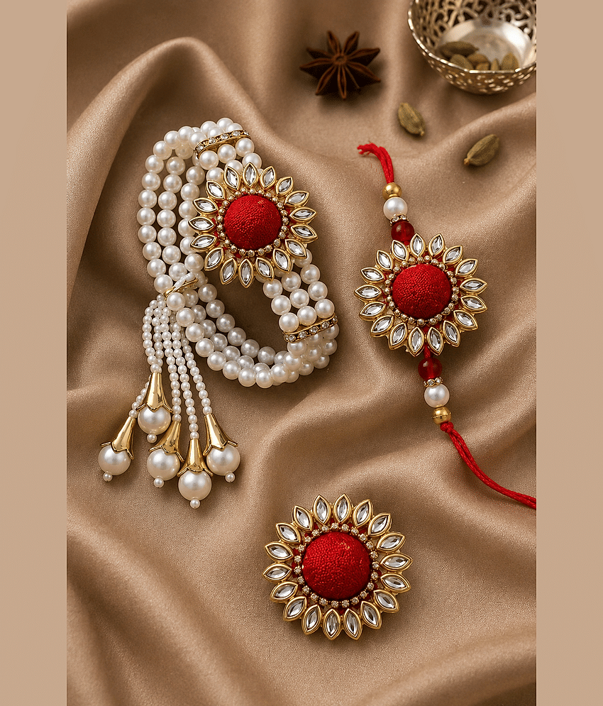 THRIFTKART Handmade 3 Bhaiya Bhabhi Rakhi ( Pack of 1 , Red ) view 2