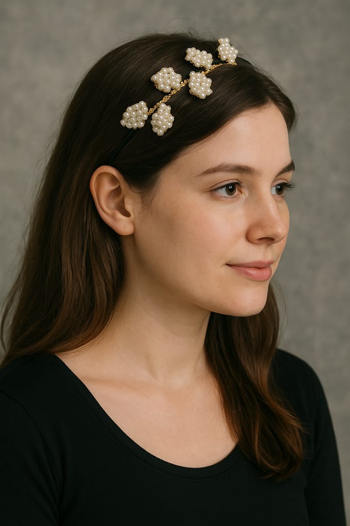Handcrafted Floral Pearl Embellished Black Hairband view 2