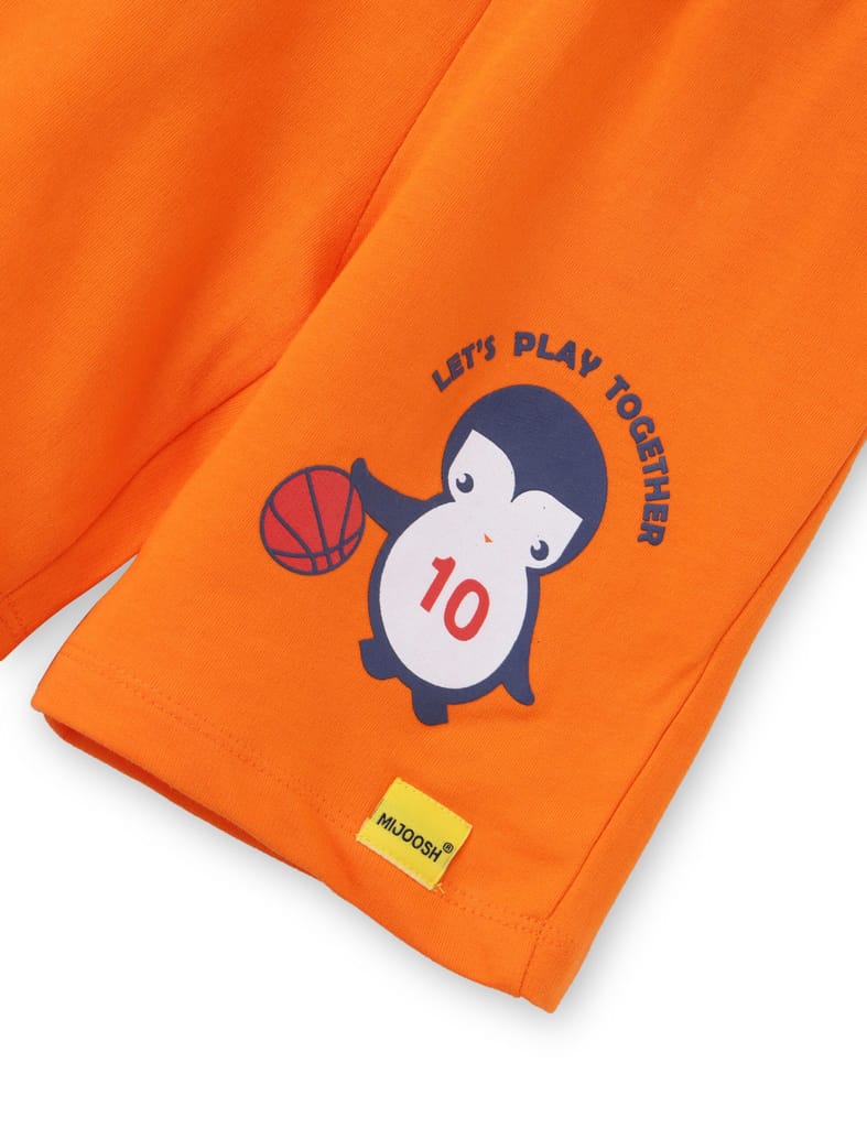 Boys Shorts Cotton French Terry Scarlet Ibis Orange Baby Penguin view 2