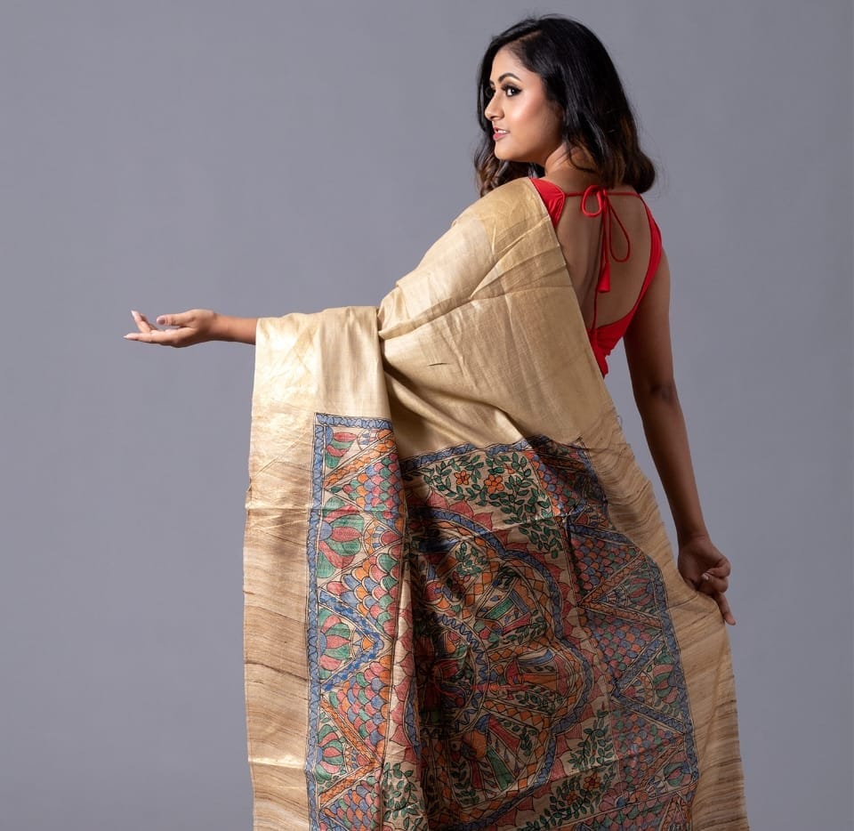 Golden Tussar Silk Saree with Madhubani Hand-Painted Art view 2