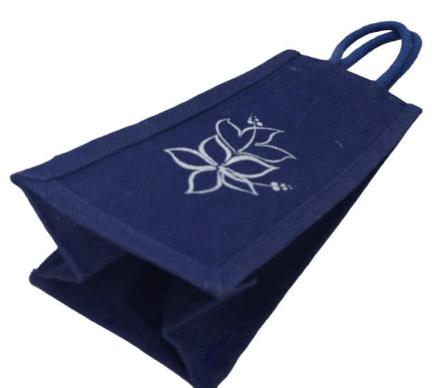 Navy Blue Jute Wine Bag with Floral Design view 2