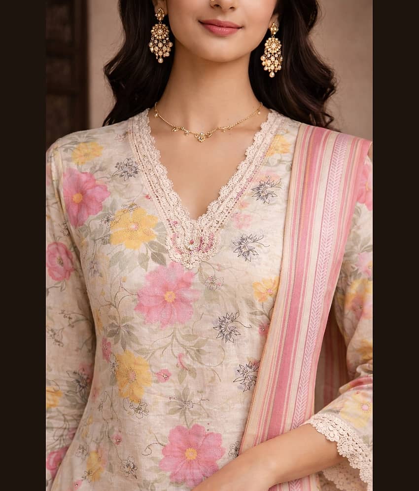 Aarika Women Cotton Printed Flared Kurti With Pants ( Cream ) view 2