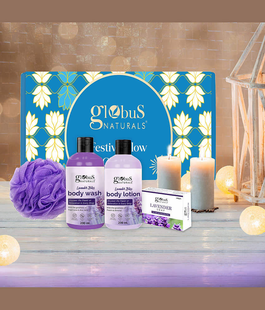 Globus Naturals Lavender Haven Essentials Bath & Body Gift Hamper Set of 4, Box includes - Lavender Body wash 200ml, Lavender Lotion 200ml, Lavender Soap 100gm, Loofah view 2