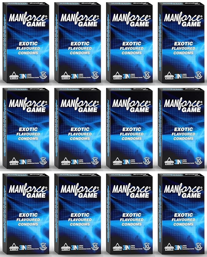 Manforce Game Exotic Flavoured Condoms for Men| 3-in-1 Ribbed Dotted & Anatomically Shaped for Intense Pleasure| Lubricated Latex Condoms| 10 Pcs x Pack of 12