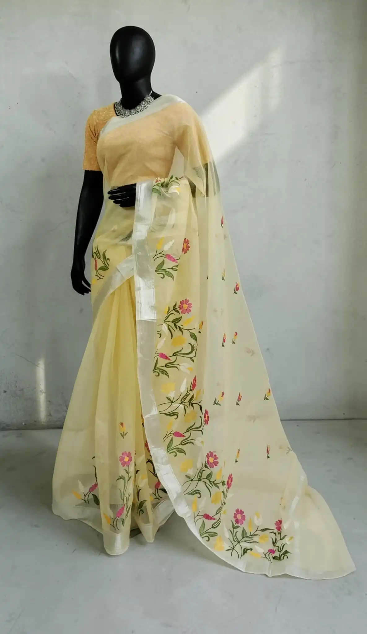 Kota Doria Cotton-Silk Saree in Light Butter Yellow with Zari Border view 2