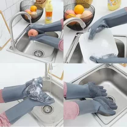 Elecsera Magic Silicone Gloves Wash Scrubber Gloves Reusable Cleaning Brush Gloves Scrub Wet and Dry Disposable Glove (Free Size) view 2