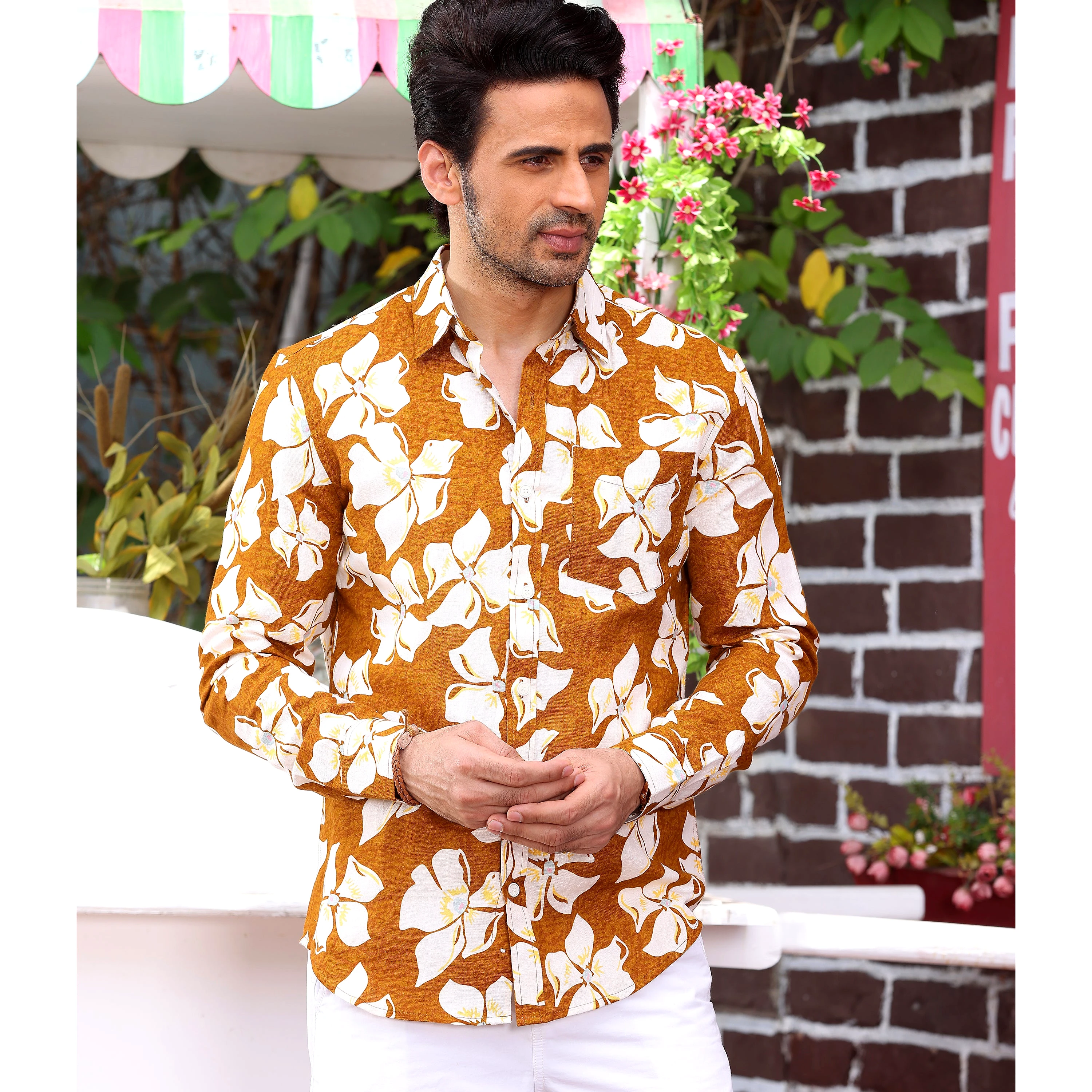 Lilac Caramel Brown Casual Pure Linen Full shirt (Size - XXL) by BLUE EAGLE view 2