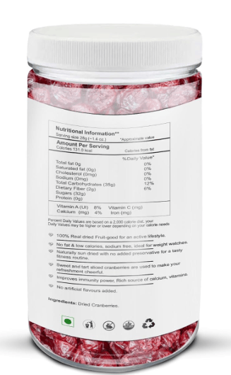 Cultures Food Pure & Organic Dried Cranberries 200g, Rich In Dietary Fiber, Antioxidants, Immunity Booster, Zero Cholesterol, Gluten Free, Zero Trans Fat, Plant Based Protein Fights With UTIs view 2