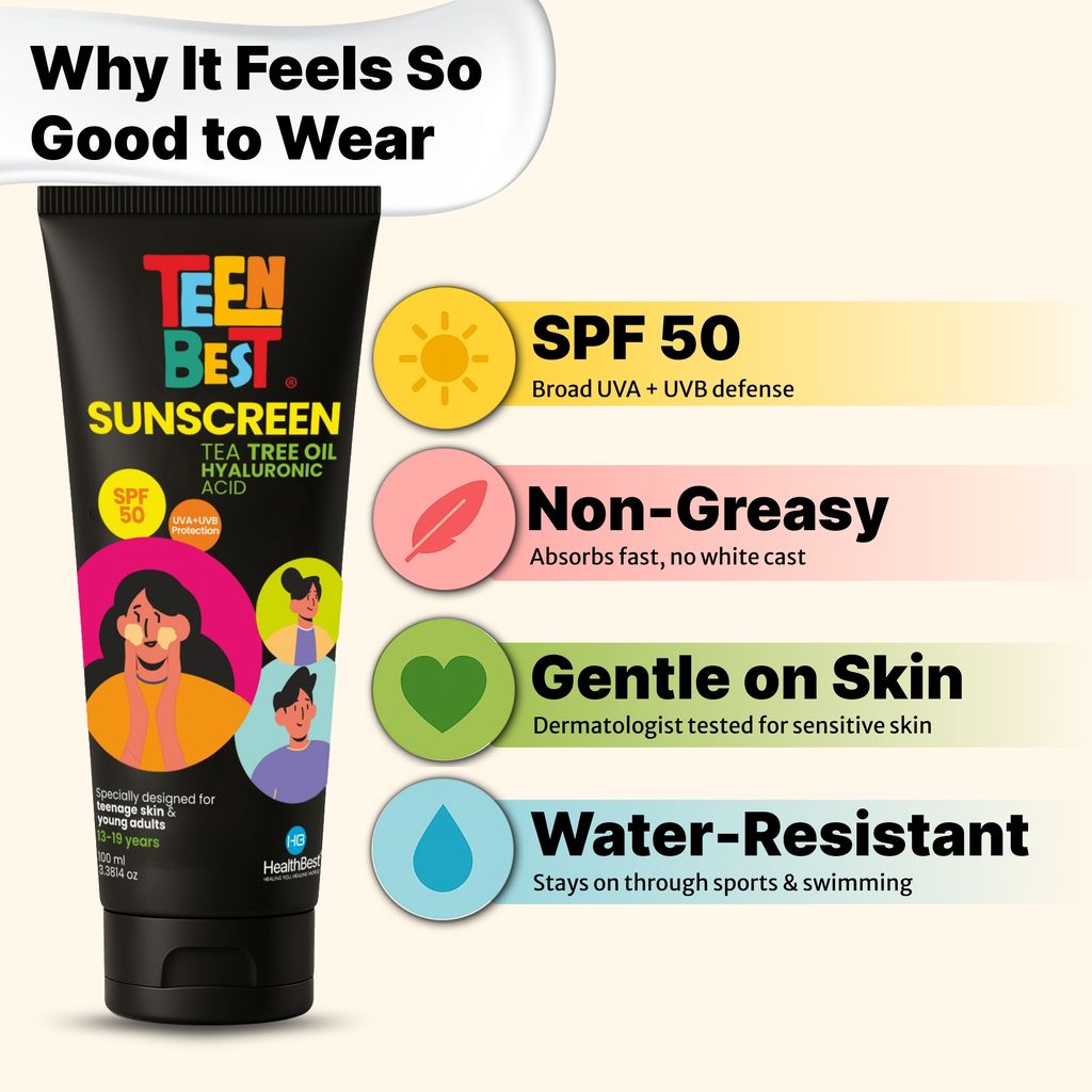 HealthBest Sunscreen SPF 50 PA++++ for Teens & Youth - 100ml, Daily Use Lightweight Face Sunscreen with No White Cast, Non-Greasy Texture, Broad Spectrum UVA UVB & Blue Light Protection, Enriched with Aloe Vera, Vitamin C, Blueberry & Hyaluronic Acid view 2