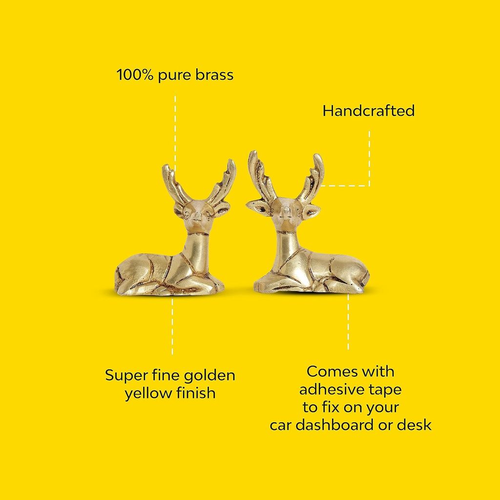 A pair of handcrafted 100% pure brass deer figurines with super fine golden yellow finish, comes with adhesive tape to fix on your car dashboard or desk