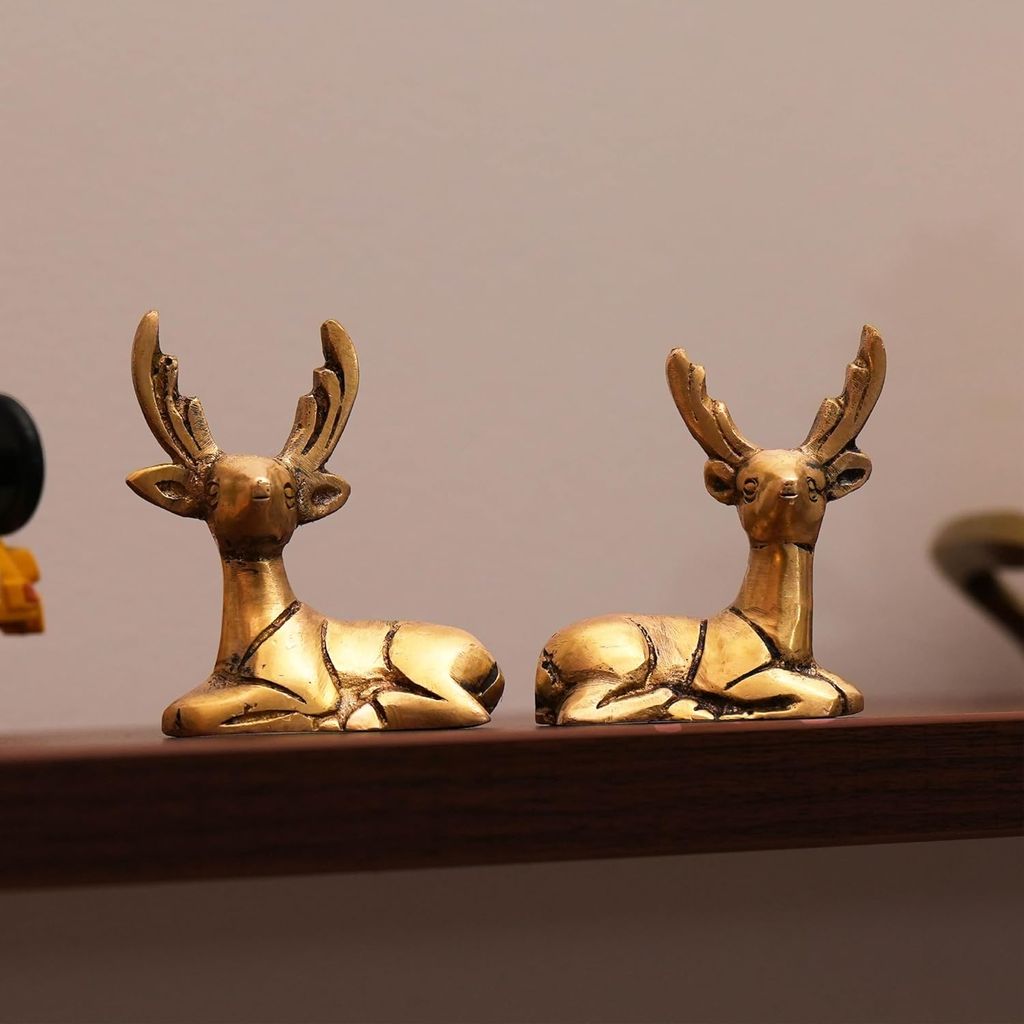 A pair of handcrafted 100% pure brass deer figurines with super fine golden yellow finish, comes with adhesive tape to fix on your car dashboard or desk view 2