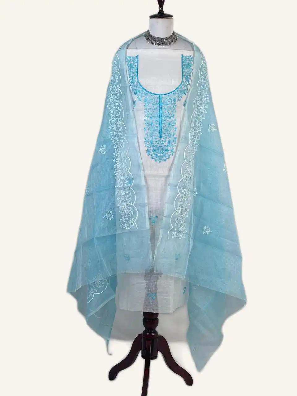 Kota Doria Dress Material Powder Blue Floral Yoke view 2