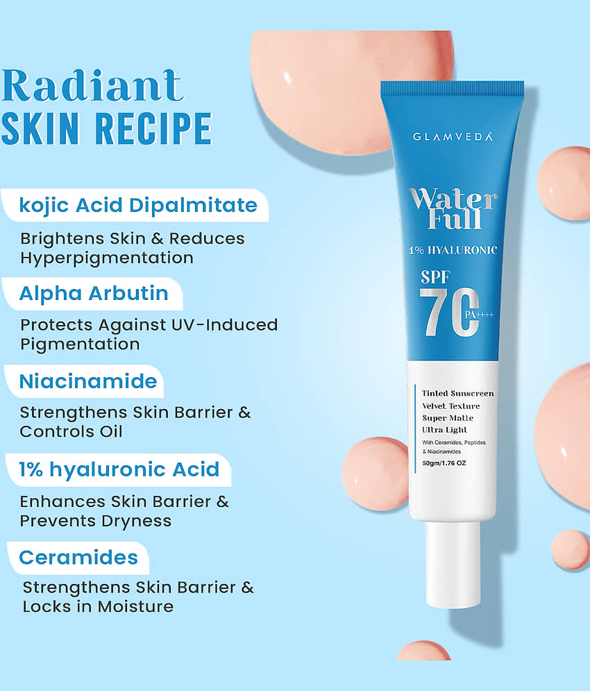 Glamveda Spf 70 Pa++++ Water Full 1% Hyaluronic Tinted Sunscreen Velvet Texture , 50ml view 2