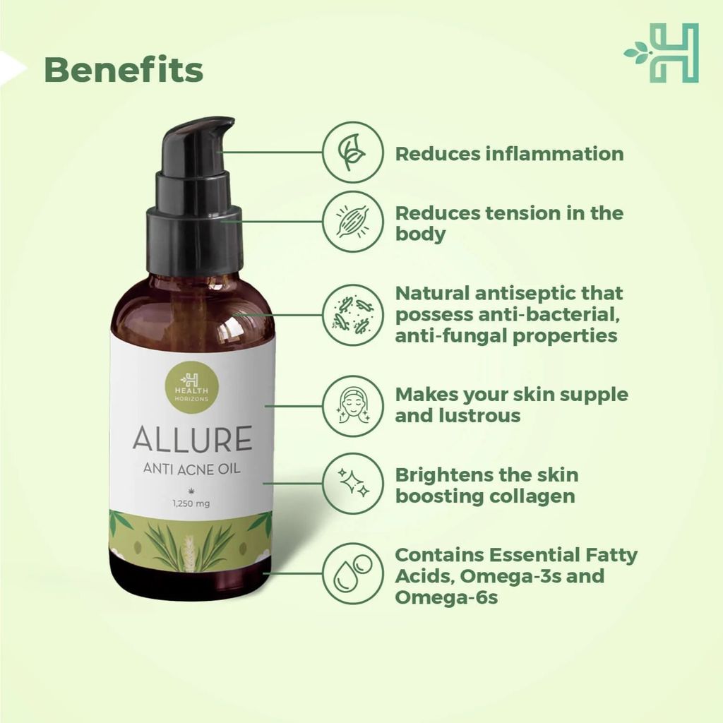 Health Horizon Allure Hemp Oil for Skin and Face, Anti-bacterial and Anti-inflammatory oil for Skin brightening and boosts collagen made with cannabis leaf extract (1.250 mg) view 2