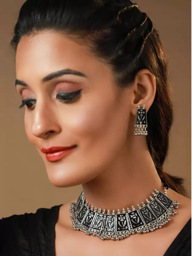 Pujvi Fashions Oxidised Meenakari Black Choker Necklace set view 2