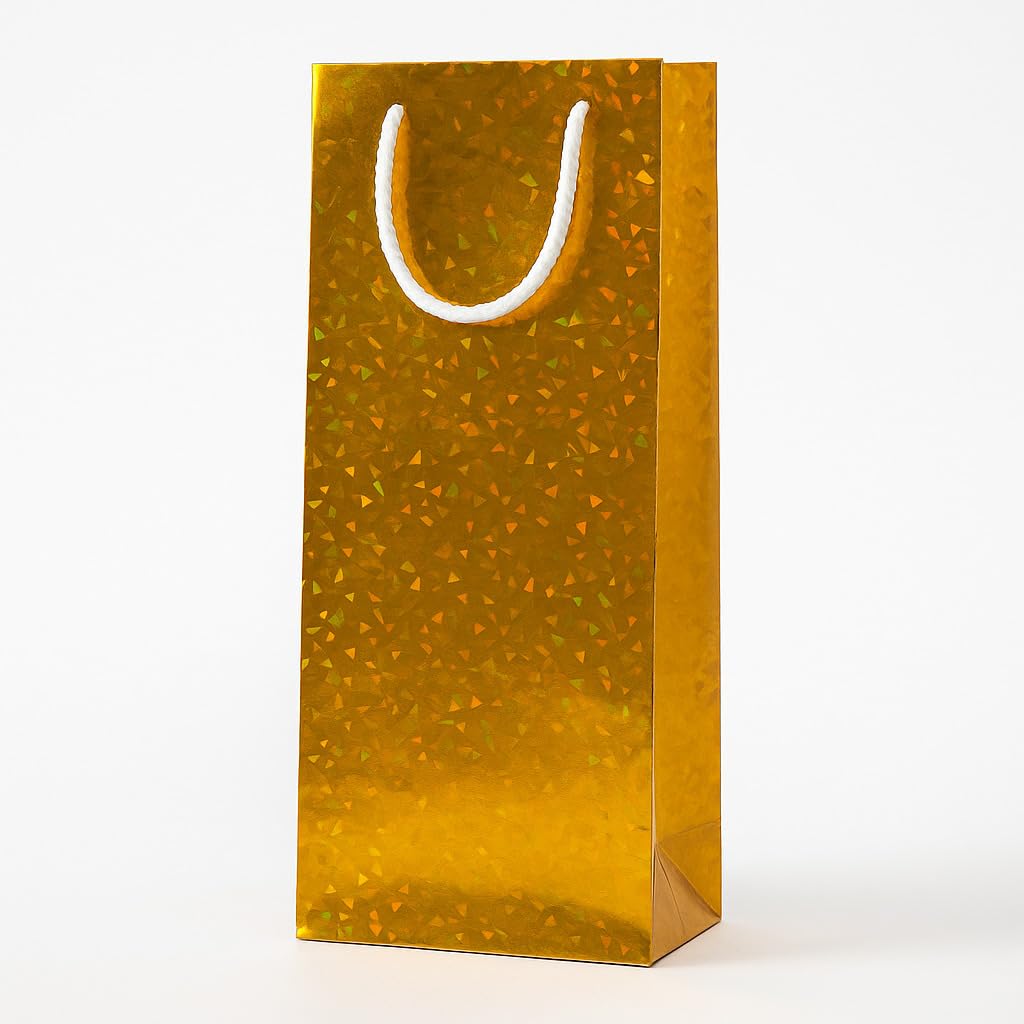 Divatos Holographic Gold Paper Gift Carry Bags with Handle and Message Label | For Birthday Parties Festivals Housewarming Corporate Gifting & Anniversary (Pack of 10 Pcs) (Golden, 14X5X3.5 Inch)