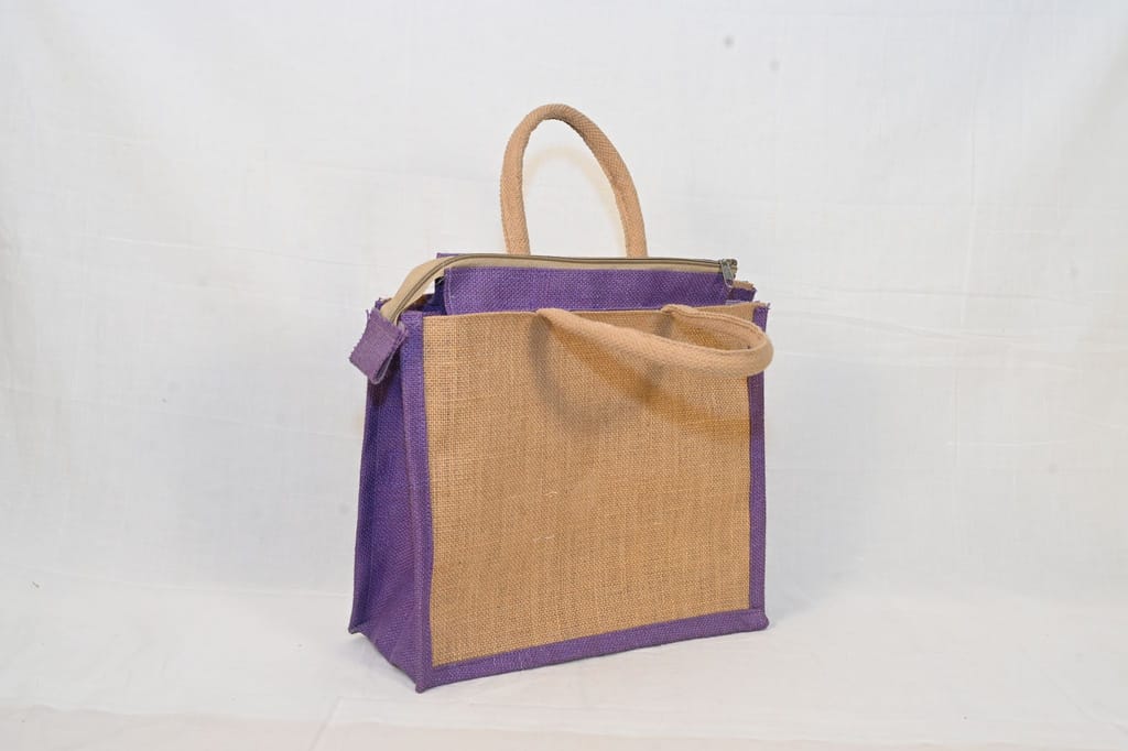 Purple and Brown Jute Tote Bag view 2
