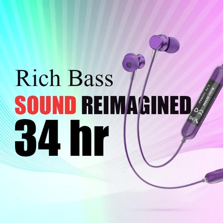 Wireless Neckband Bluetooth Earphones, Black, in-Ear Design (Purple) view 2