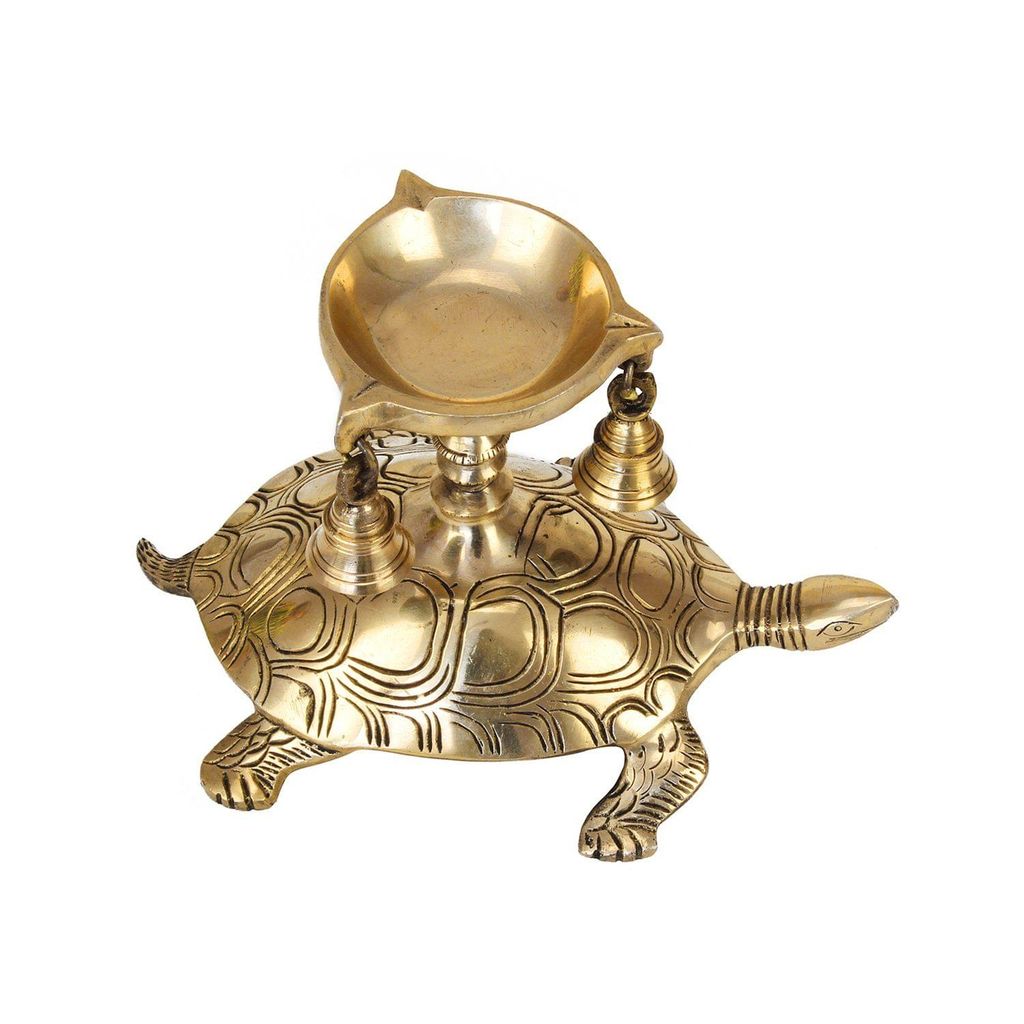 ARTVARKO Brass Diya Tortoise Stand with Three Bells | Vastu Kachua Designer Deepak Deepam Home Office Decor Decorative Table Showpiece Gifts in Gold Color Height 6 Inches view 2