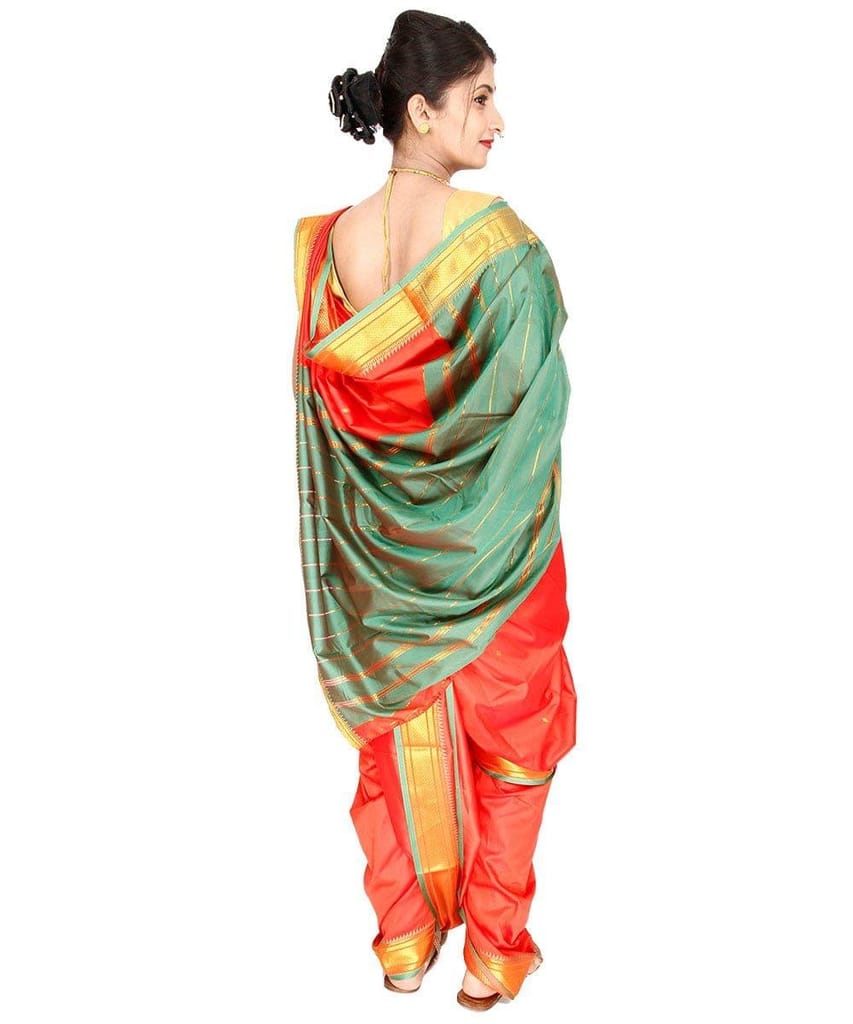 Unstitched Orange Nauvari Saree view 2