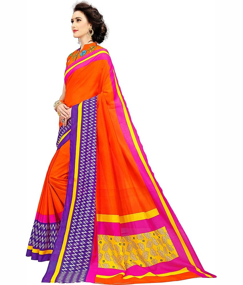 Sariya Cotton Silk Printed Saree With Unstitched Blouse Piece ( Orange ) view 2