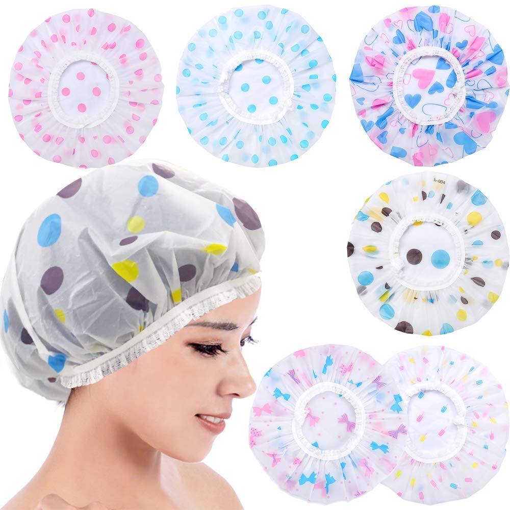 Elecsera 6 pcs of pack Multicolour Waterproof Elastic Printed Plastic Reusable Shower Caps for Women's and girls view 2
