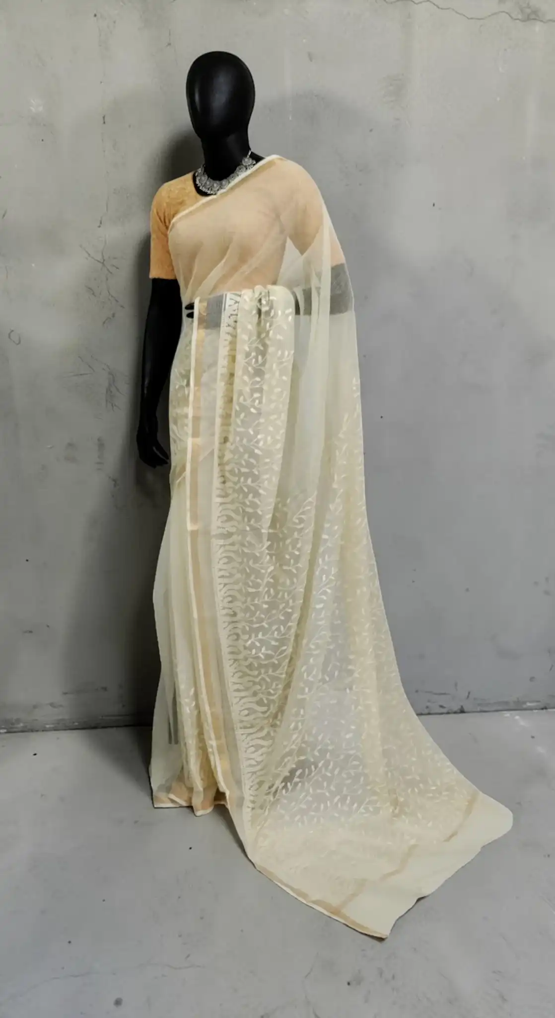 Kota Doria Cotton-Silk Saree with Leaf-Vine Block Print view 2