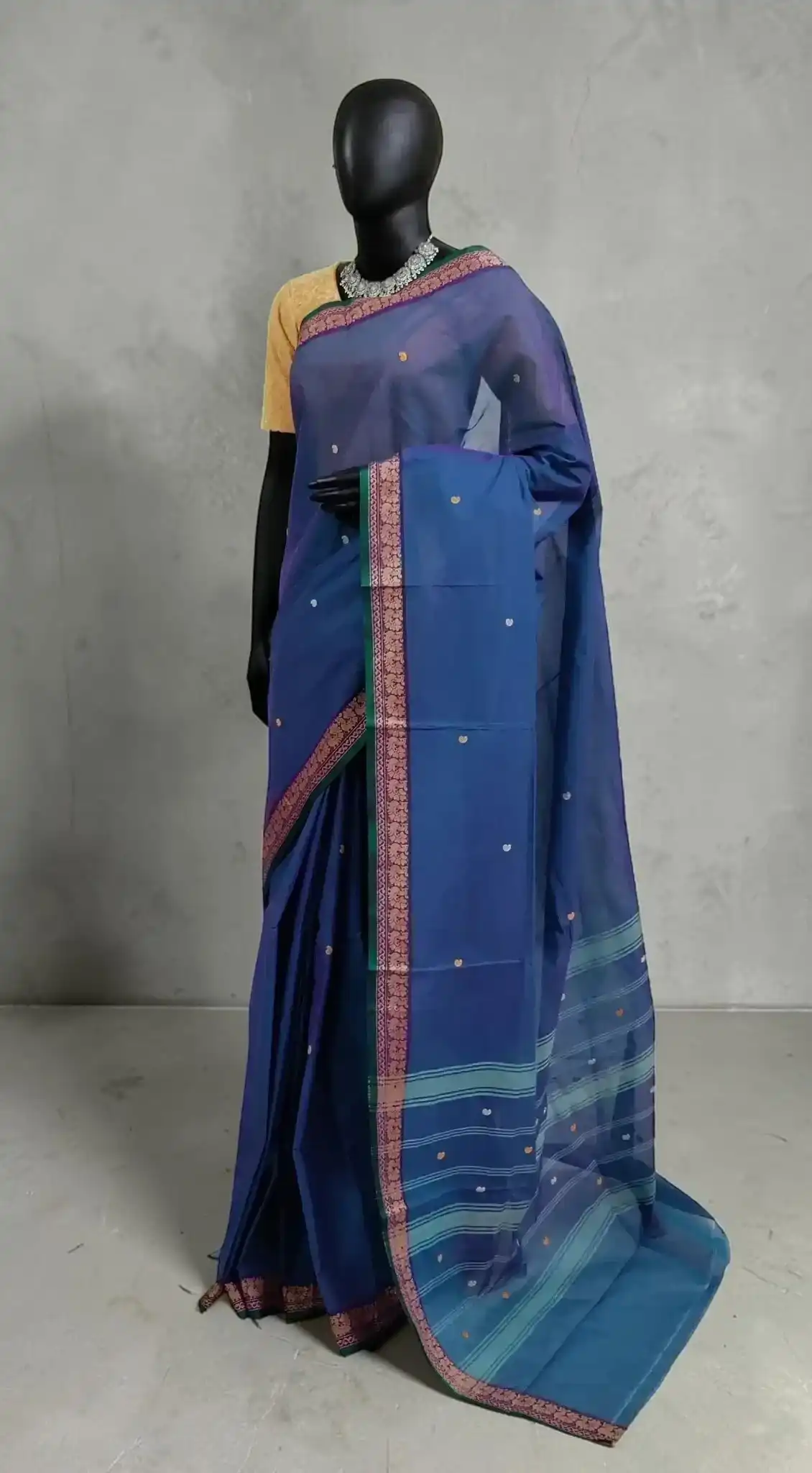 Handwoven Kanchipuram Cotton-Silk Saree in Deep Blue with Golden Border view 2