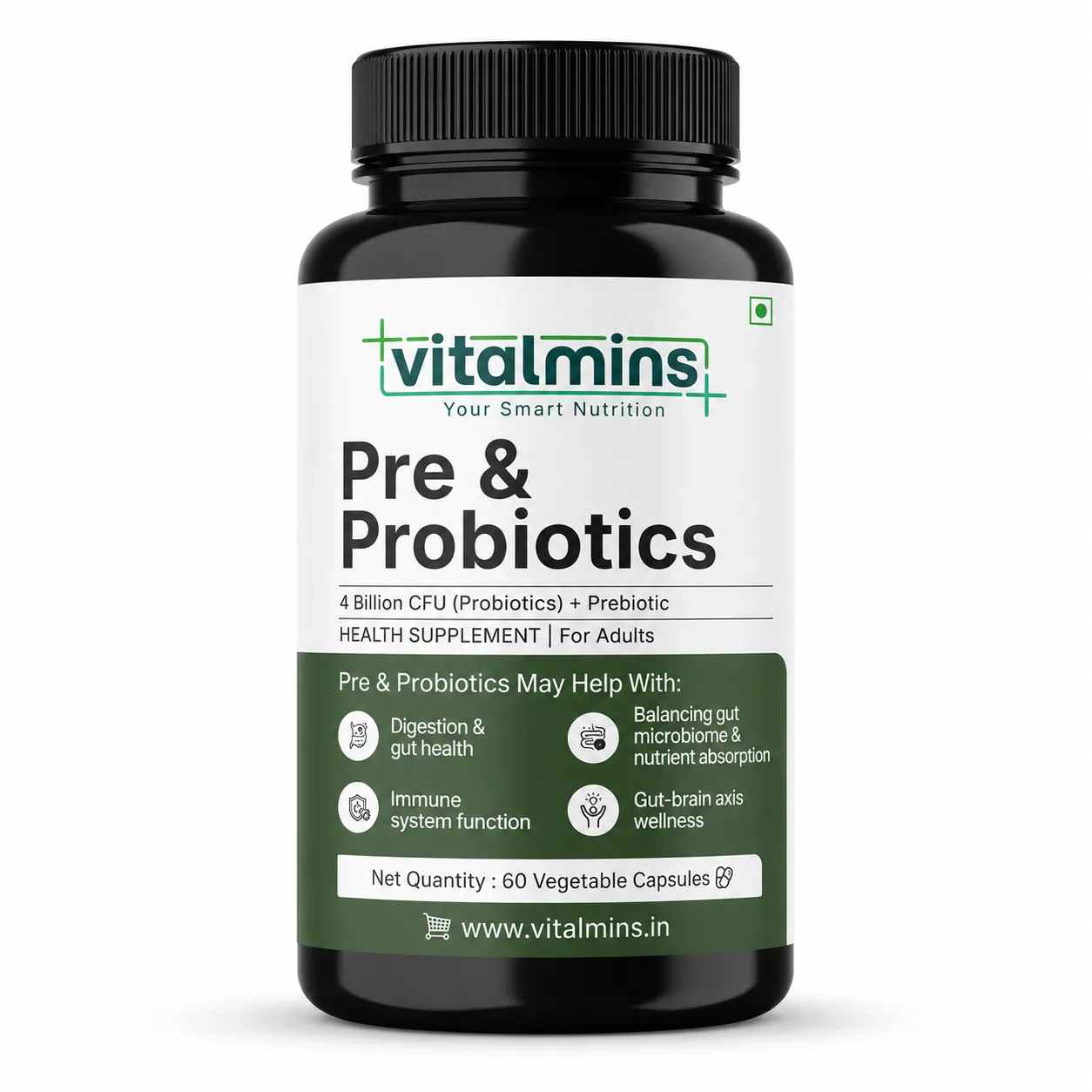 Vitalmins | Your Smart Nutrition | Pre & Probiotics | Digestion & Gut Health | Balancing Gut Microbiome & Nutrient Absorption | Immune System Function | Gut-Brain Axis Wellness | 4 Billion CFU (Probiotics) + Prebiotic | Health Supplement for Adults | 60 Veg Capsules