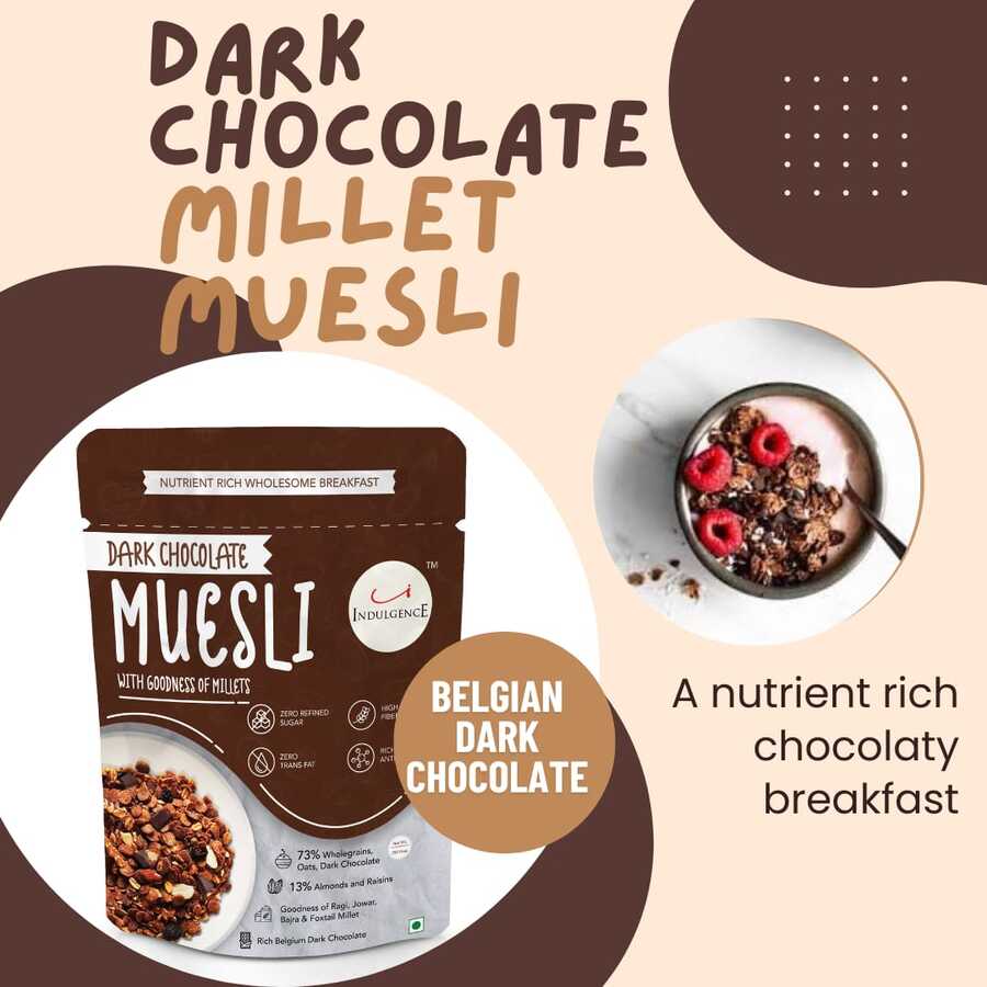 INDULGENCE Dark Chocolate Millet Muesli | Healthy Breakfast Cereal with Almonds & Raisins | High Protein & Fiber Snack | Crunchy Dark Chocolate Granola | 350g Pack view 2